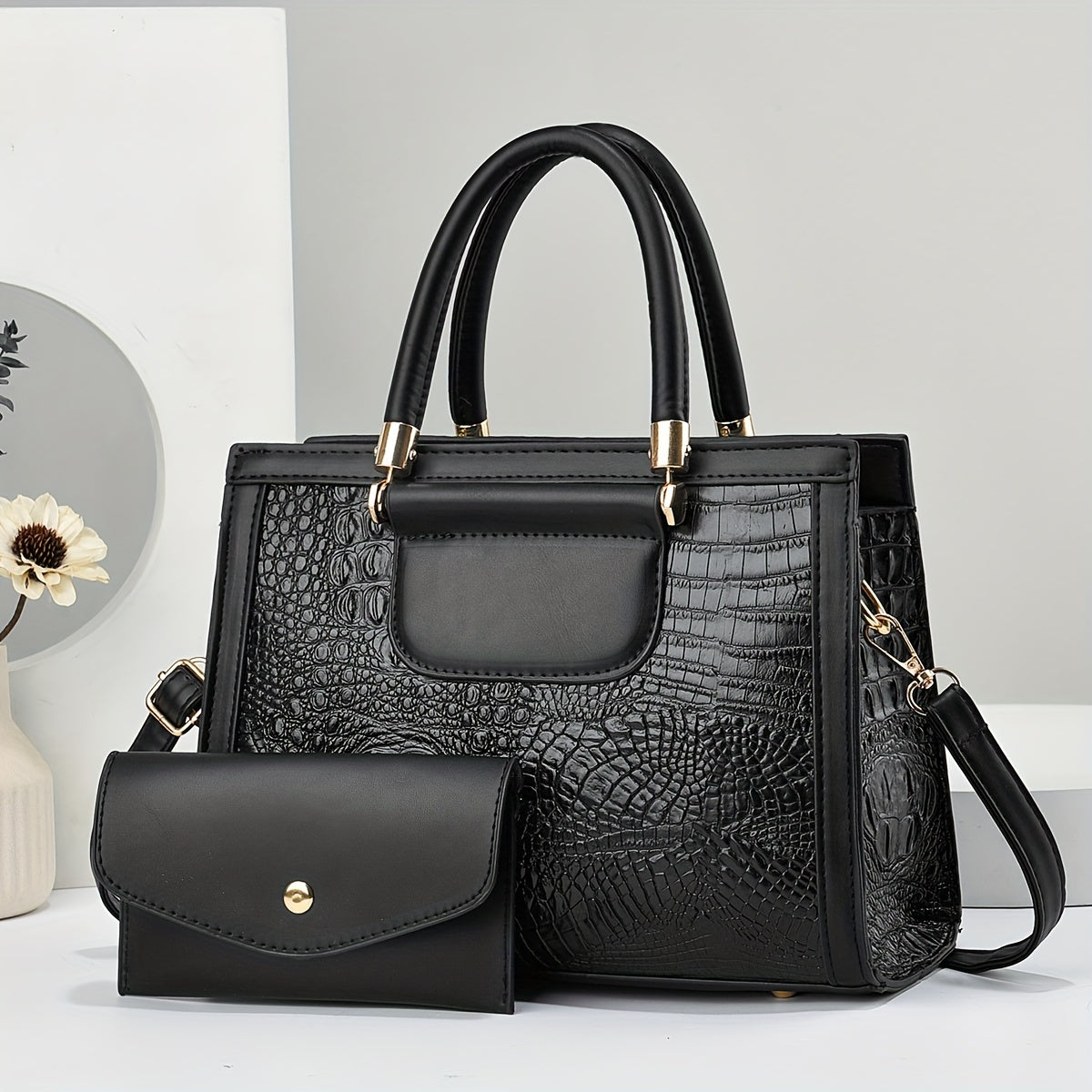 Crocodile Pattern Tote Bag Shoulder Crossbody Zipper Closure Versatile Style