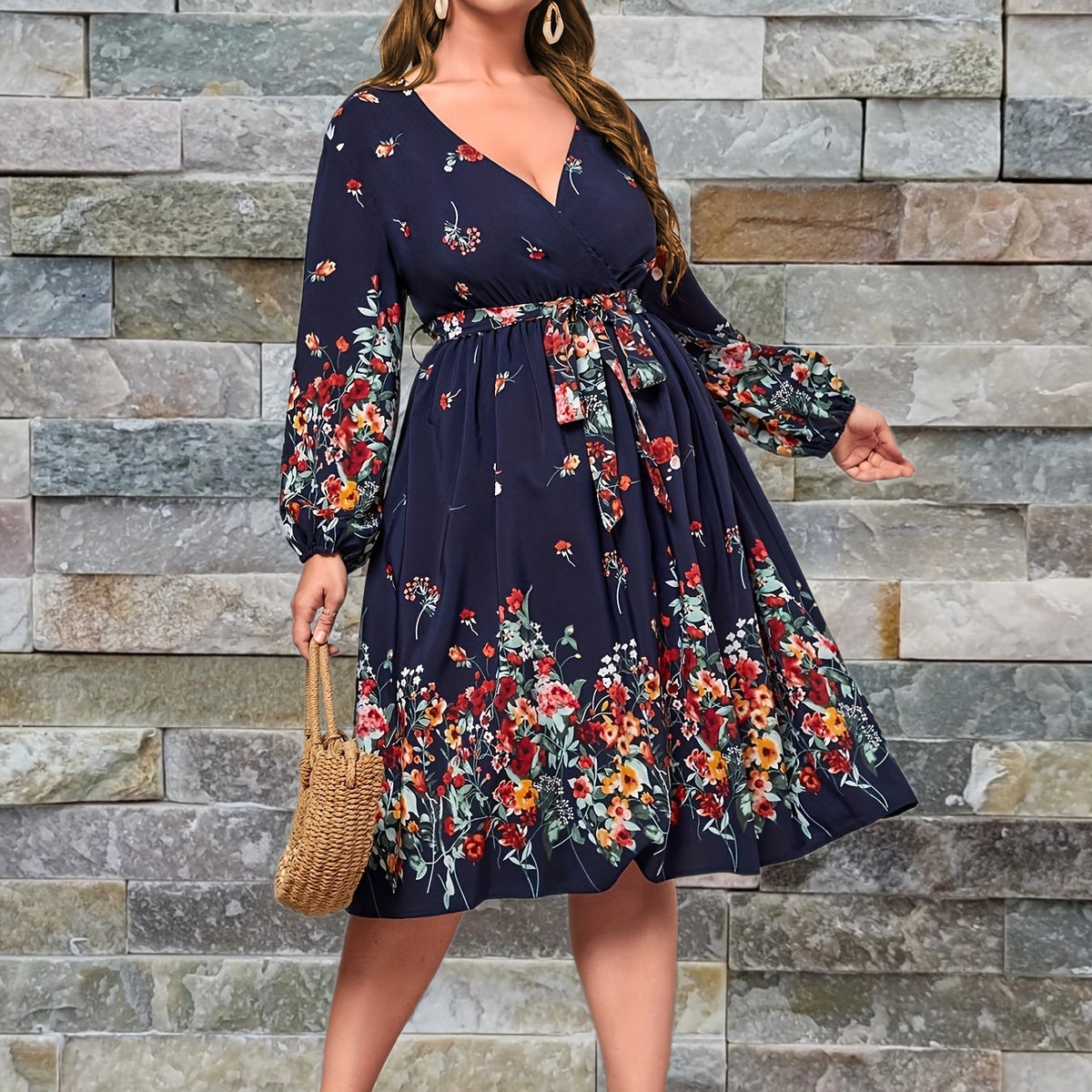  Floral Print Lantern Sleeve Belted Dress