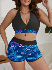  Tropical Print Halter Bra & Shorts Bikini Set