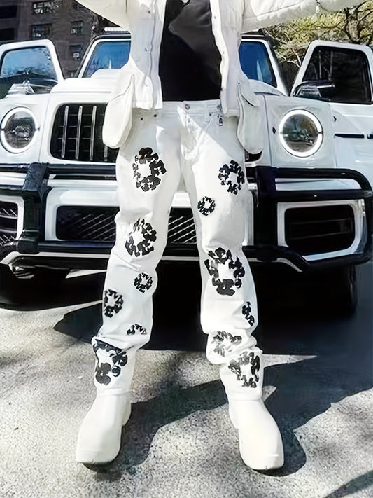 Men's Floral Pattern Loose Fit Jeans Street Style Denim Pants