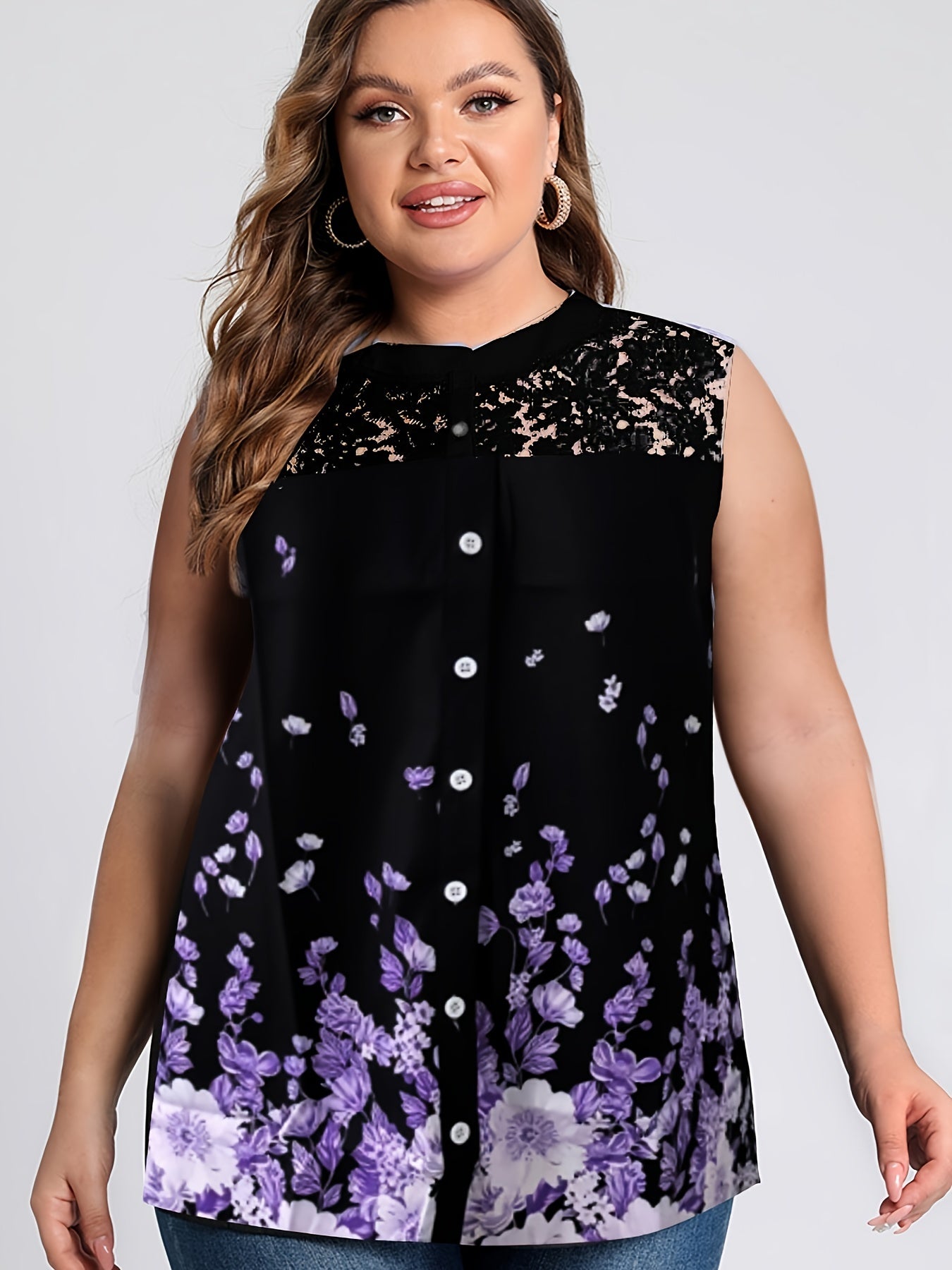 Floral Lace Button Up Tank Top Plus Size