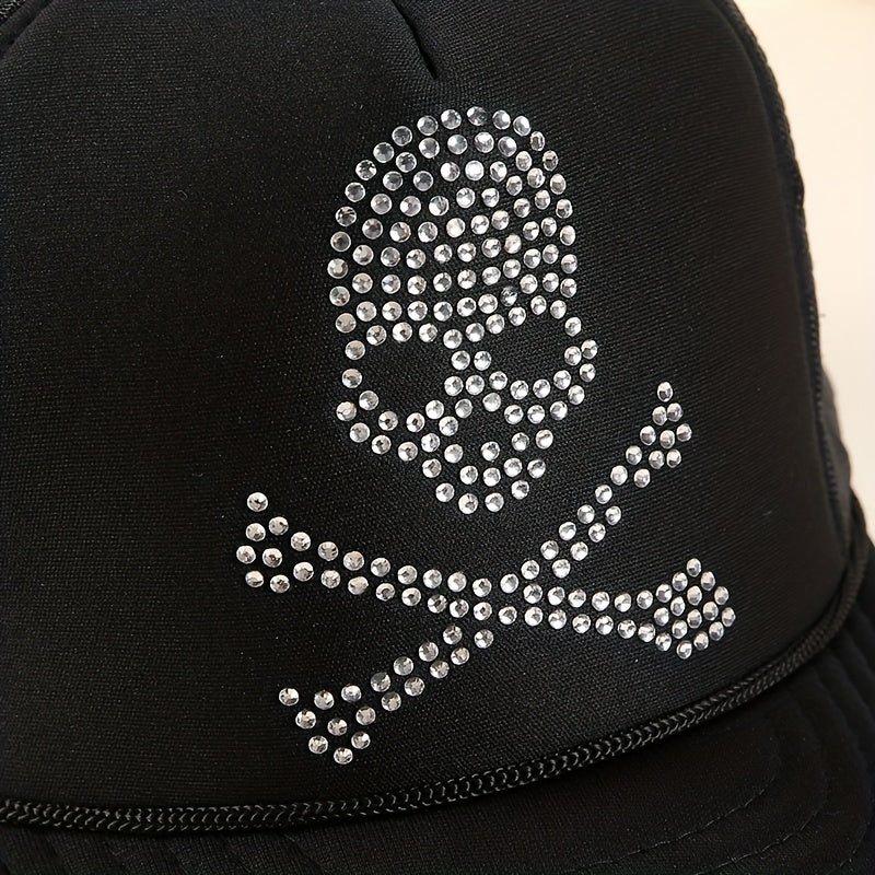 Rhinestone Skull Trucker Hat Mesh Unisex Baseball Cap Adjustable