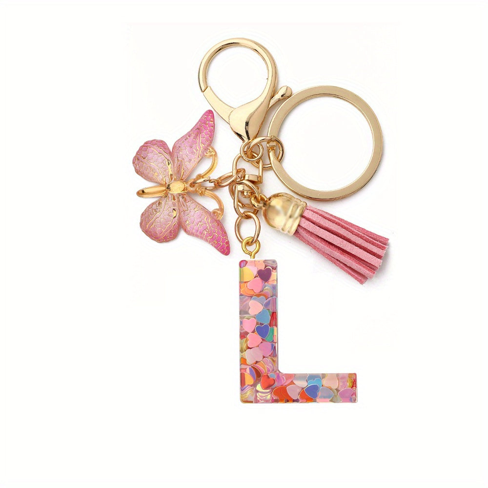 Initial Letter Keychain Tassel Butterfly Pendant Key Ring For Purse Handbags