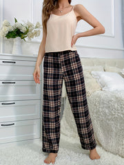 Solid Cami Top & Plaid Print Pants Lounge Set