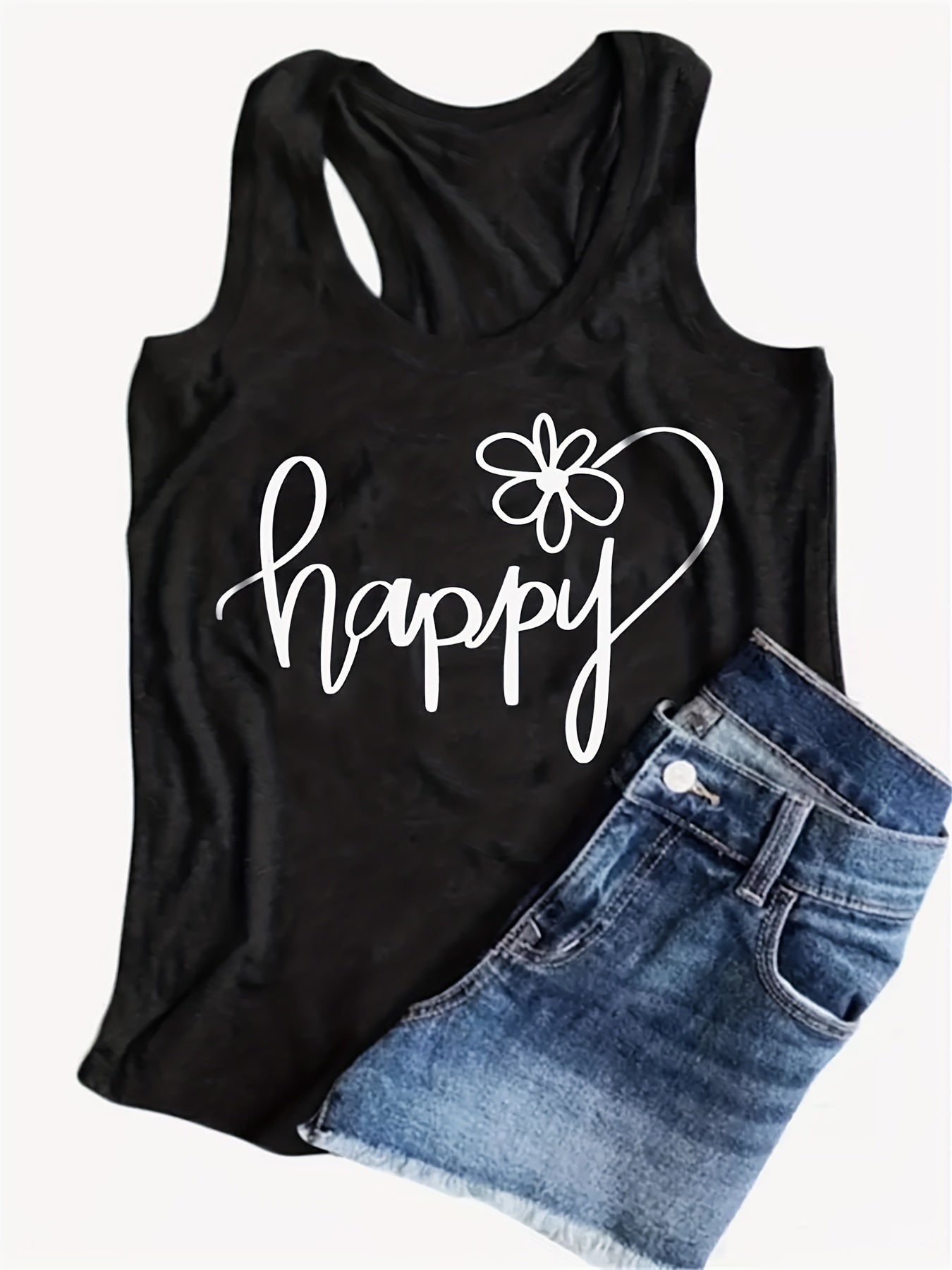 Letter Print Crew Neck Tank Top Casual Sleeveless Tank Top