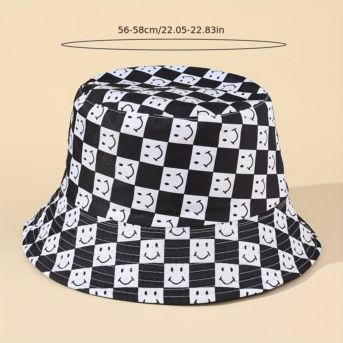 Smiling Face Print Bucket Hat Checkerboard Reversible Basin Hat