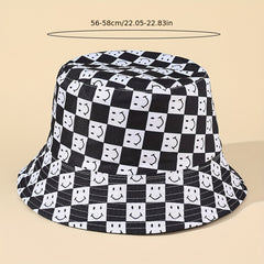 Smiling Face Print Bucket Hat Checkerboard Reversible Basin Hat