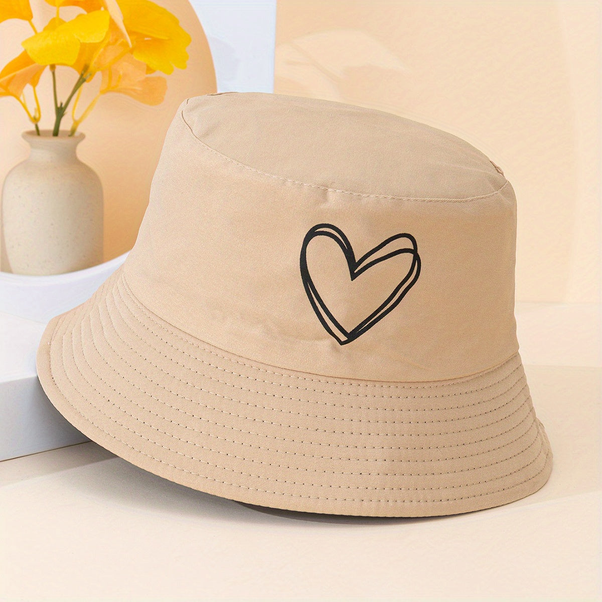 Heart Print Reversible Bucket Hat Solid Couple Fish