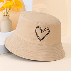 Heart Print Reversible Bucket Hat Solid Couple Fish
