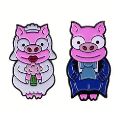 Animated Piggy Bride and Groom Brooch for Kids