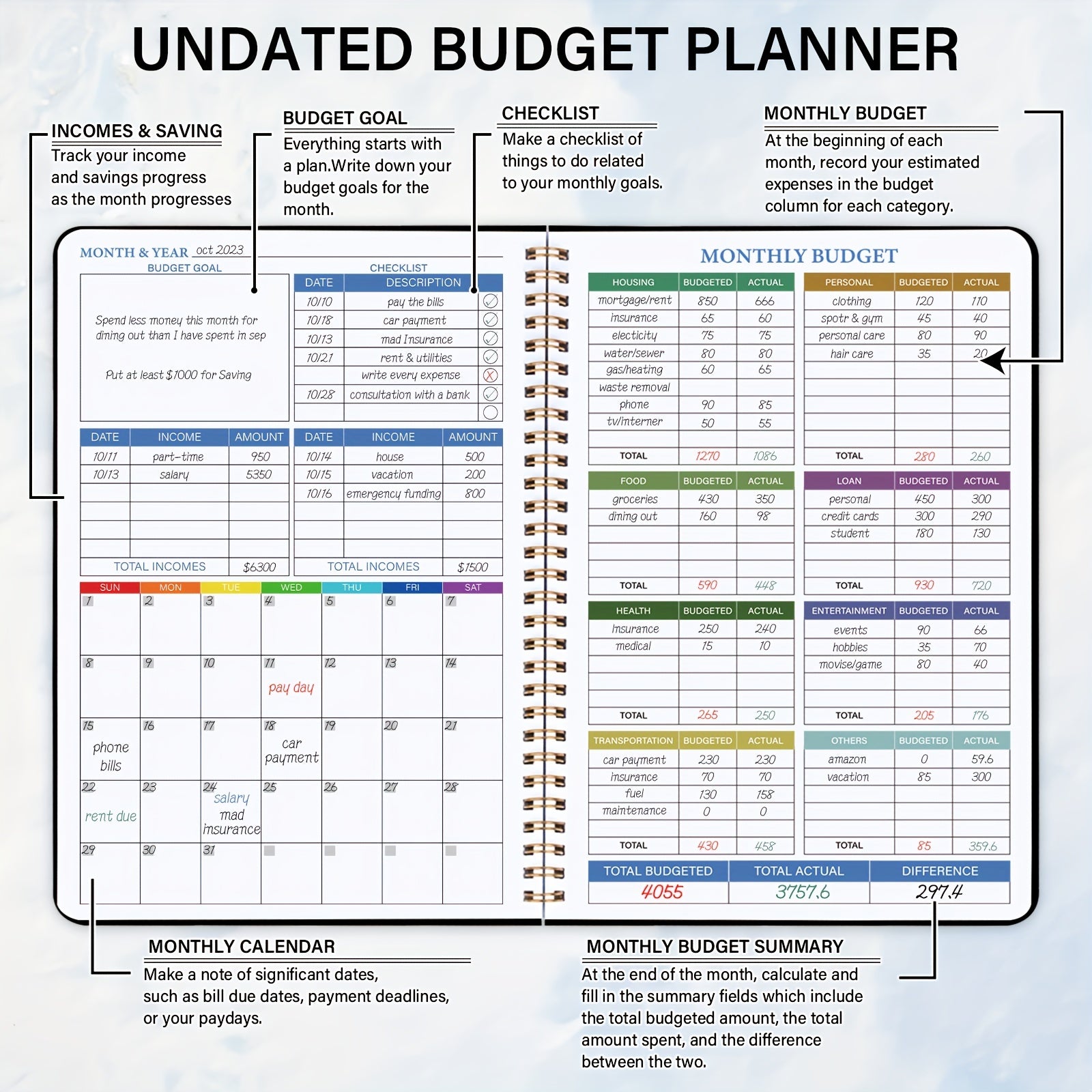 Budget Planner Notebook Undated 100gsm Paper