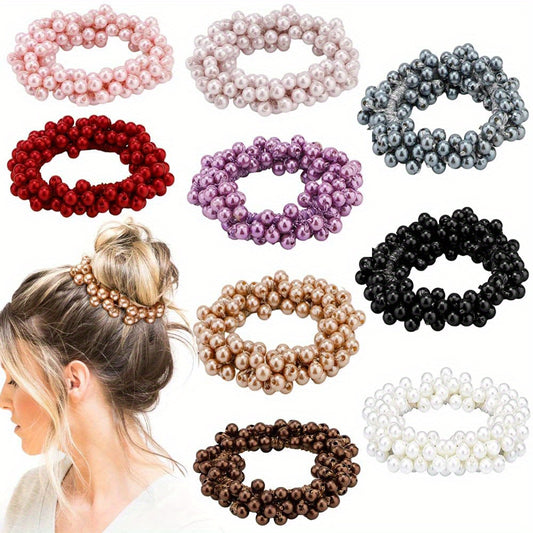 9pcs Pearl Hair Tie Resin Ball Decor Hair Ring Elastic Ponytail Holder