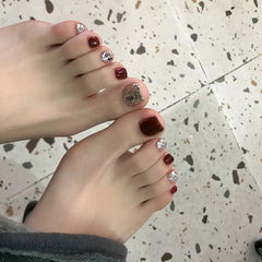 24pcs Glossy Red Square Press On Toe Nails with Glue Stick and Nail File