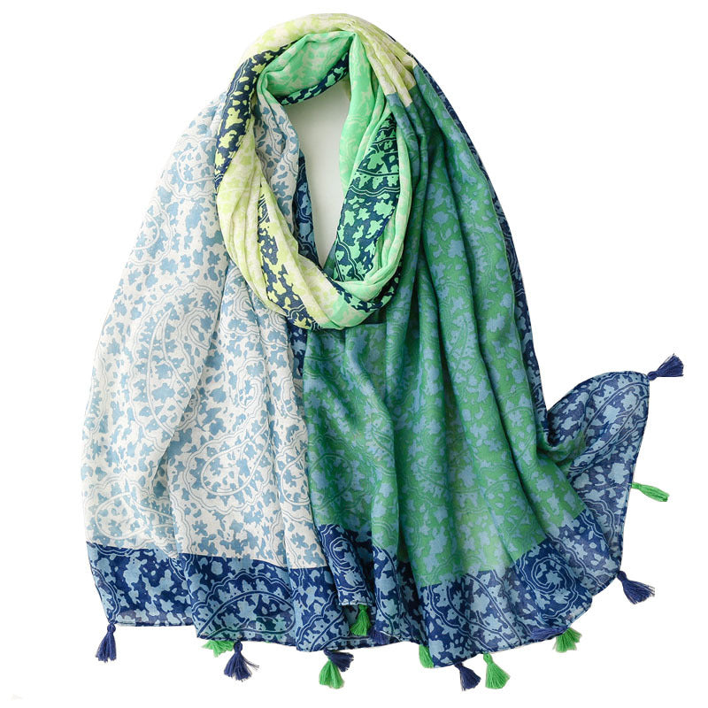 Women Floral Tassel Scarf Printed Hijab Shawl Lightweight Scarf