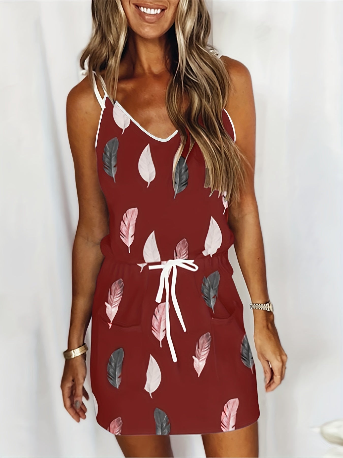 Feather Print Cami Dress Drawstring Waist