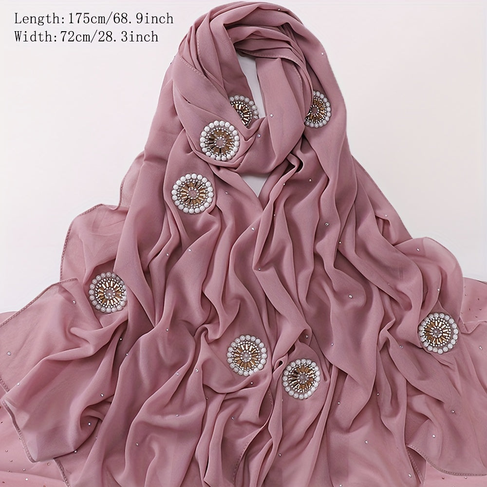 Chiffon Hijab Rhinestone Faux Pearl Decor Scarf Solid Shawl