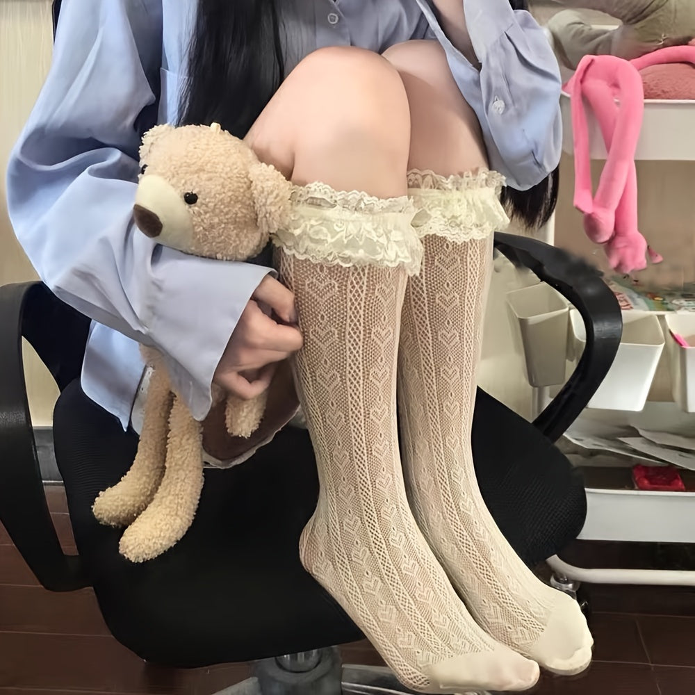 Heart Pattern Calf Socks Lace Trim Knee High Socks Women's Stockings
