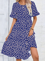 Printed Ruffle Trim Dress Casual Ruched Short Sleeve Dress