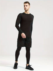Men's Compression Crew Neck Shirt & Pants 3-Piece Set for Outdoor Fitness