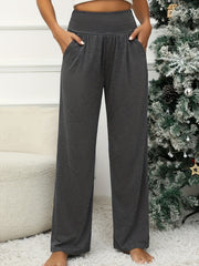  Solid Wideband Waist High Rise Wide Leg Trousers