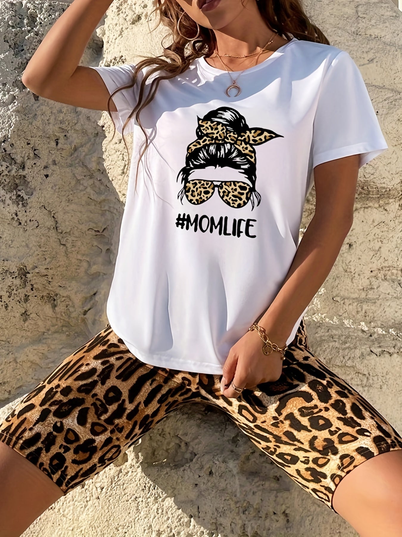 Leopard Print Short Sleeve & Biker Shorts Set