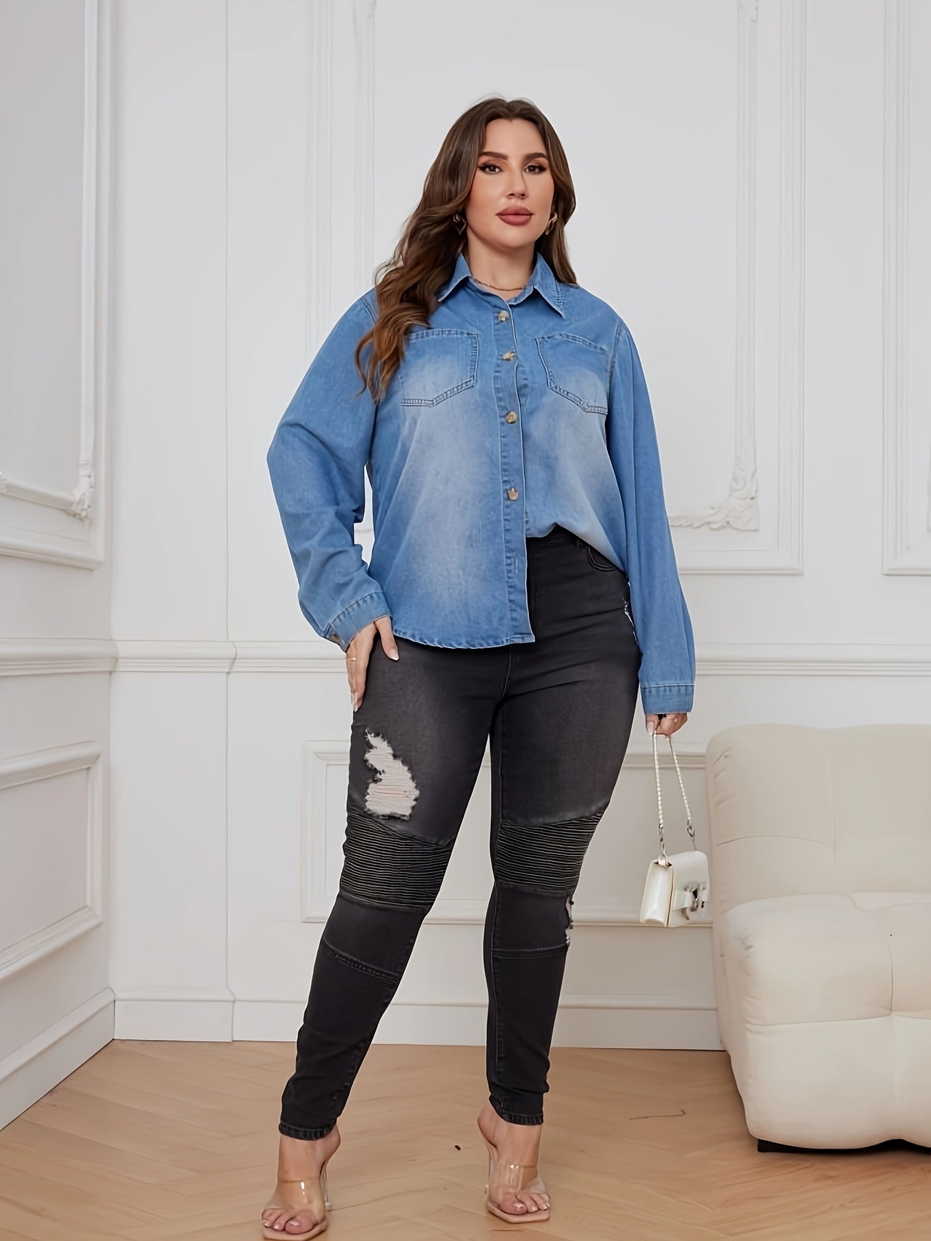  Denim Top Women's Rolled Sleeve Button Up Tie Front Blouse