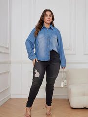  Denim Top Women's Rolled Sleeve Button Up Tie Front Blouse