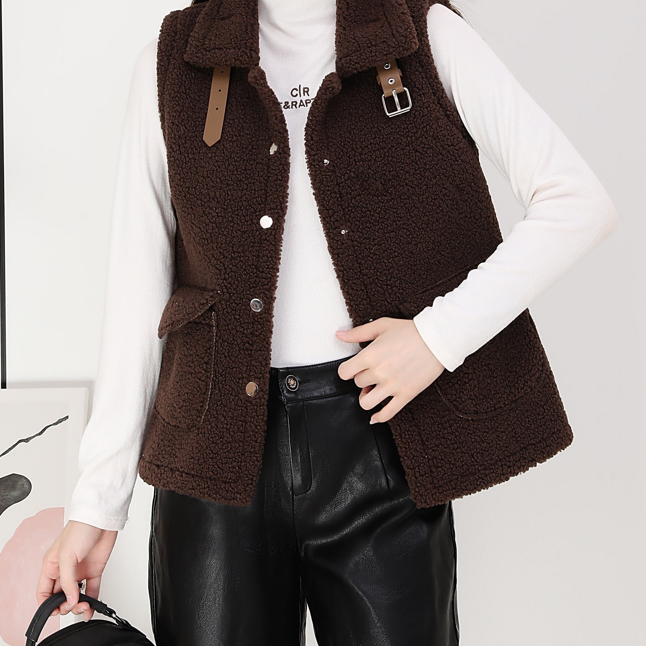 Solid Teddy Vest Casual Button Front Sleeveless Warm Vest