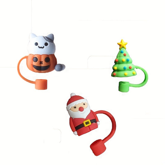 Christmas Silicone Straw Cover Straw Cap Reusable Santa Claus Halloween Tips