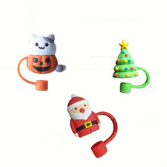Christmas Silicone Straw Cover Straw Cap Reusable Santa Claus Halloween Tips