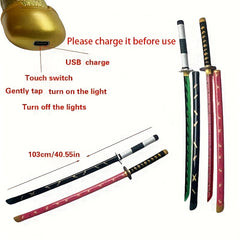 Samurai Katana USB Charging Wooden Sword Lights Halloween Cosplay