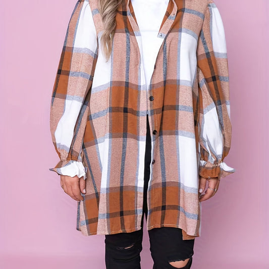  Plaid Flounce Sleeve Button Up Tunic Shirt Top
