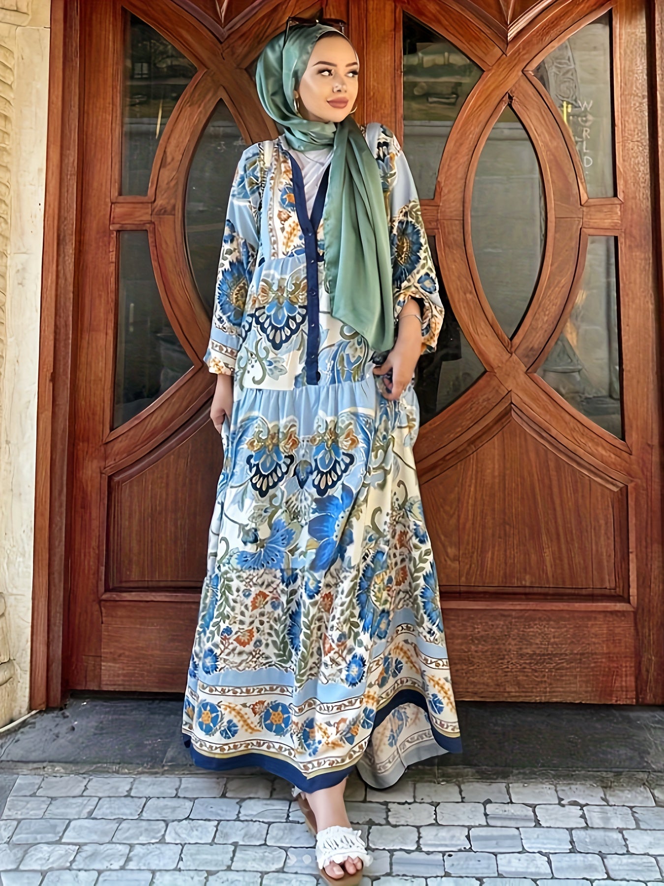  Floral Print Lantern Sleeve Button Up Abaya Dress