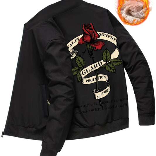 Men's Rose Print Fleece Zip Up Jacket Thermal Outerwear For Winter