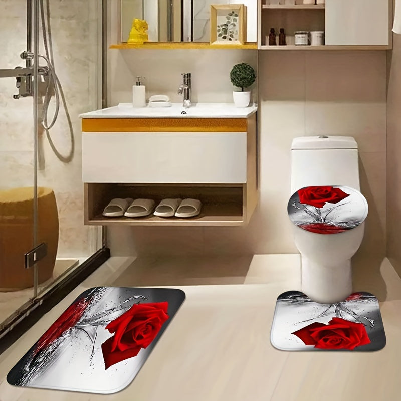 Red Rose Flower Shower Curtain Set with Non-Slip Rugs