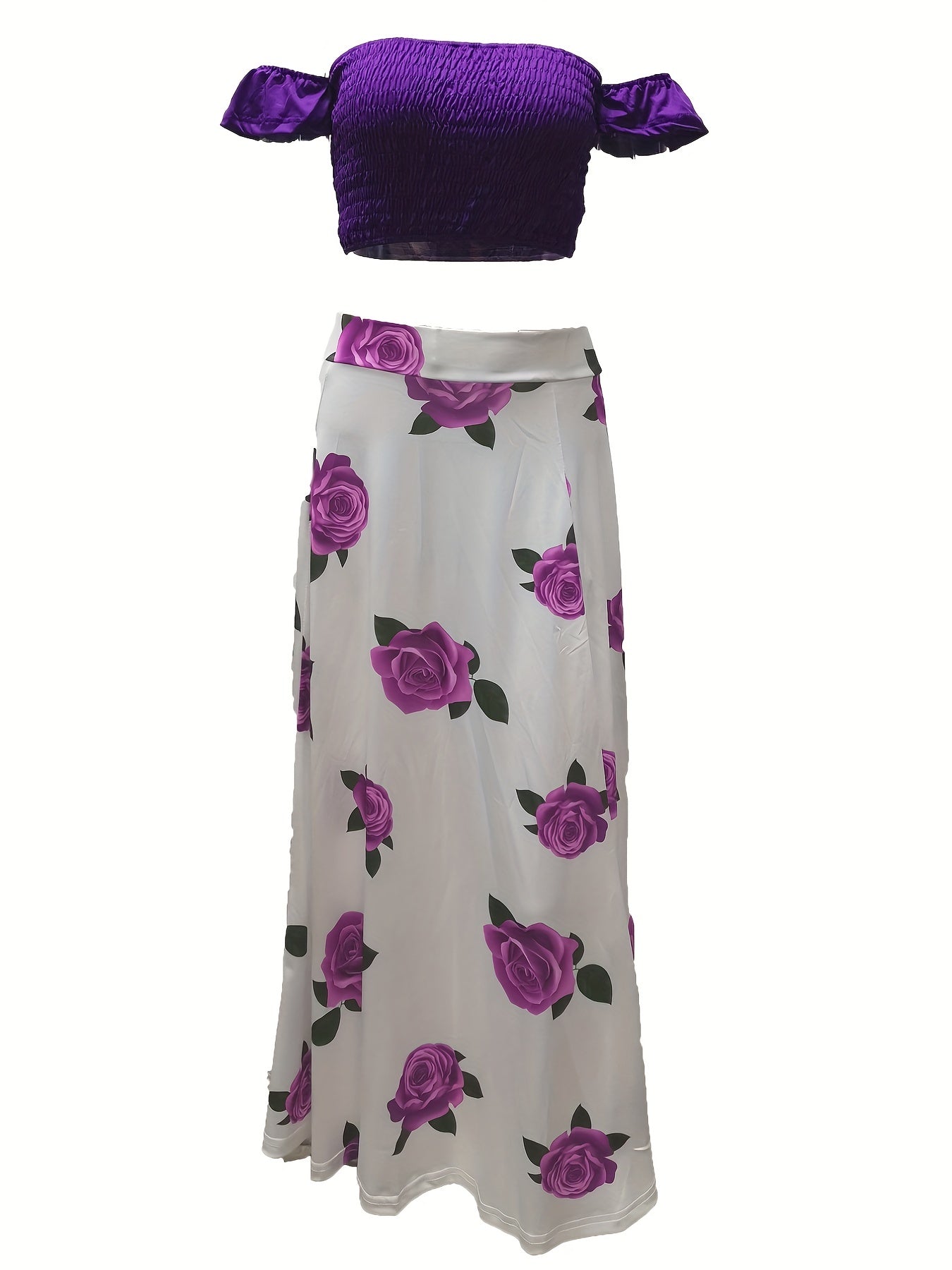 Off Shoulder Crop Top & Floral Print Skirt Set Women's Outfit