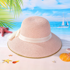 Golden Edge Straw Hat With Ribbon Sun Protection Vacation Hat