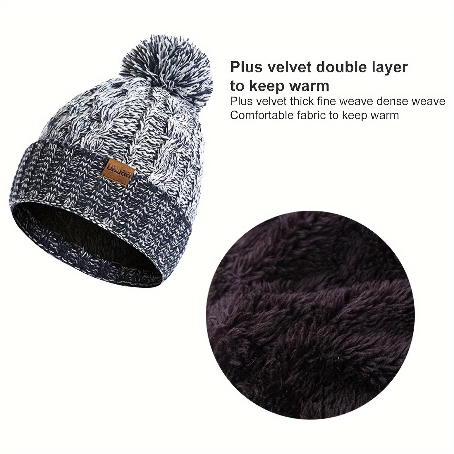Winter Knitted Hat Scarf Set Velvet Lining Warm Beanies Pom Touch Screen Gloves