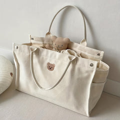 Bear Tote Bag Large Capacity Beige Canvas Handbag for Women