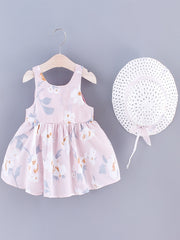 Baby Girls Sleeveless Flowers Print Beach Dress With Hat