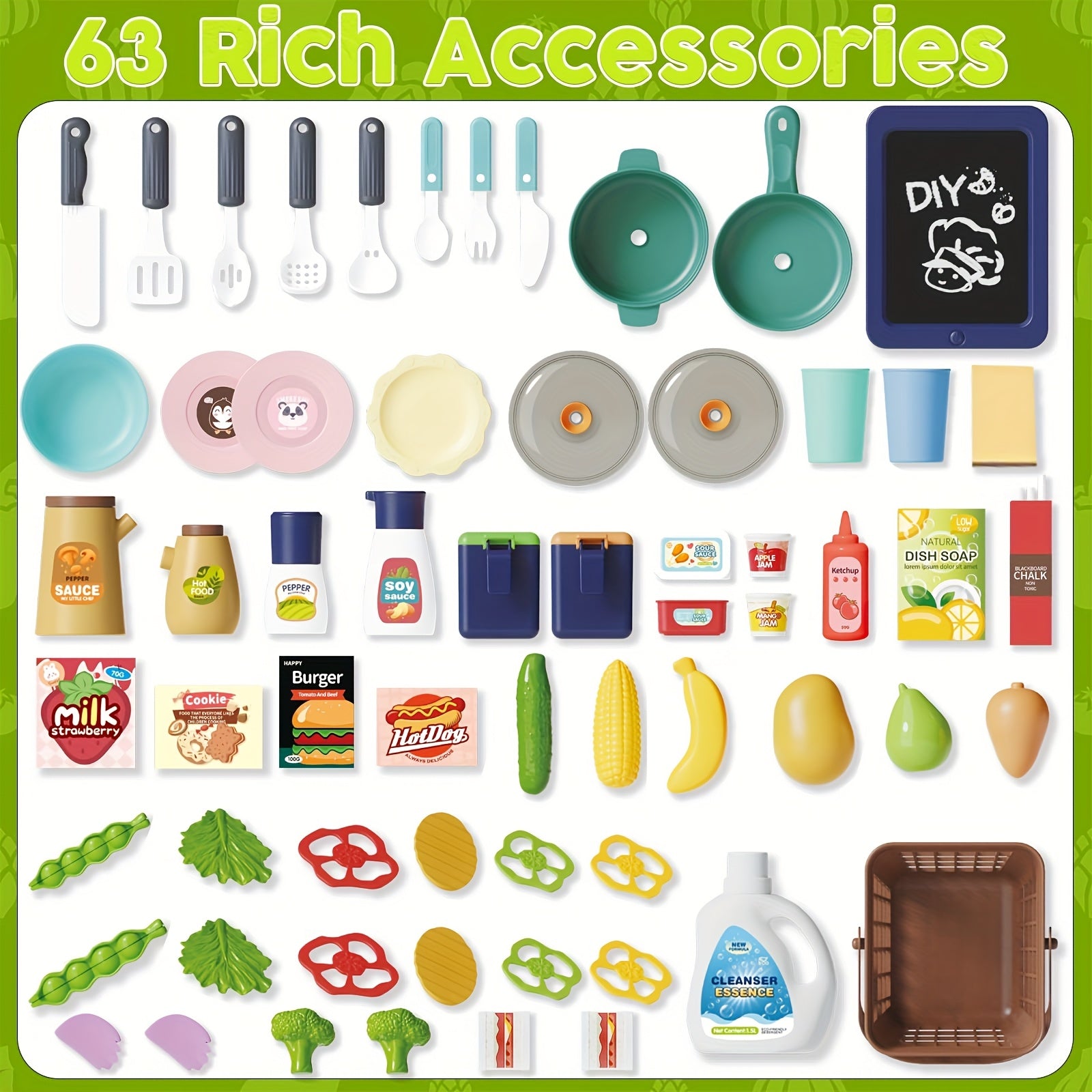 Kids Play Kitchen Set with Light Stove & Sink, Play Food Toy, Accessories