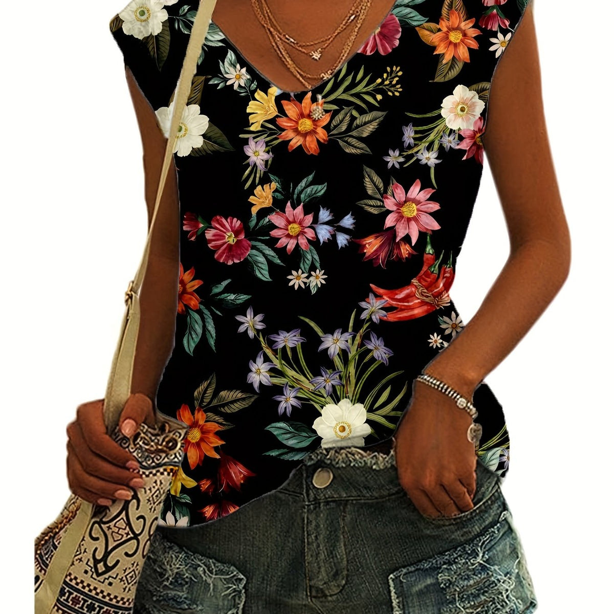 Floral Print V-Neck Cap Sleeve Tank Top