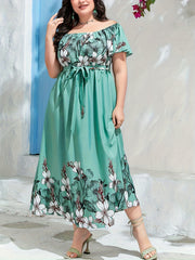 Women's Plus Floral Maxi Dress Off Shoulder With Belt