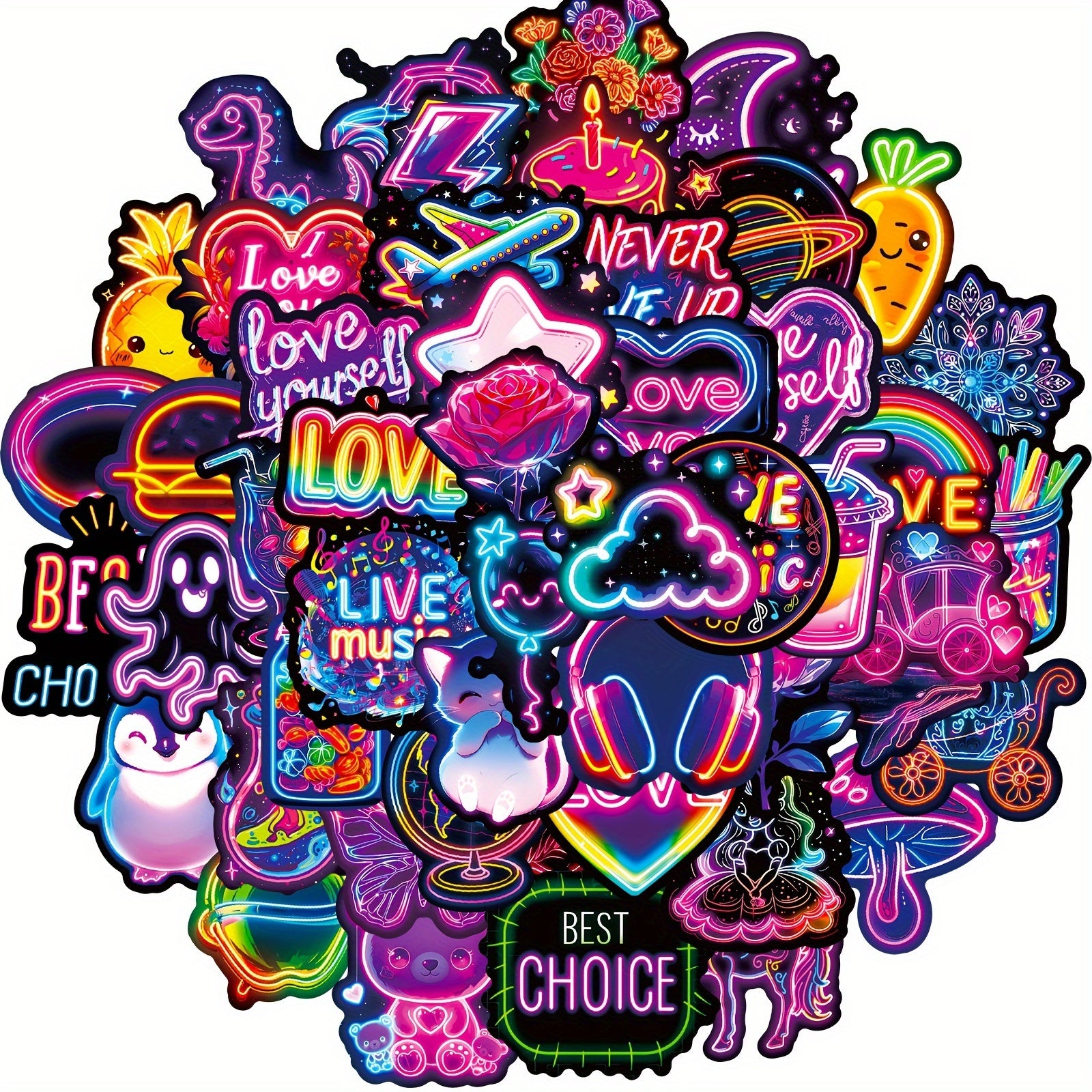 Neon Cartoon Stickers Pack of 50 Reusable Decals for Plastic Surfaces