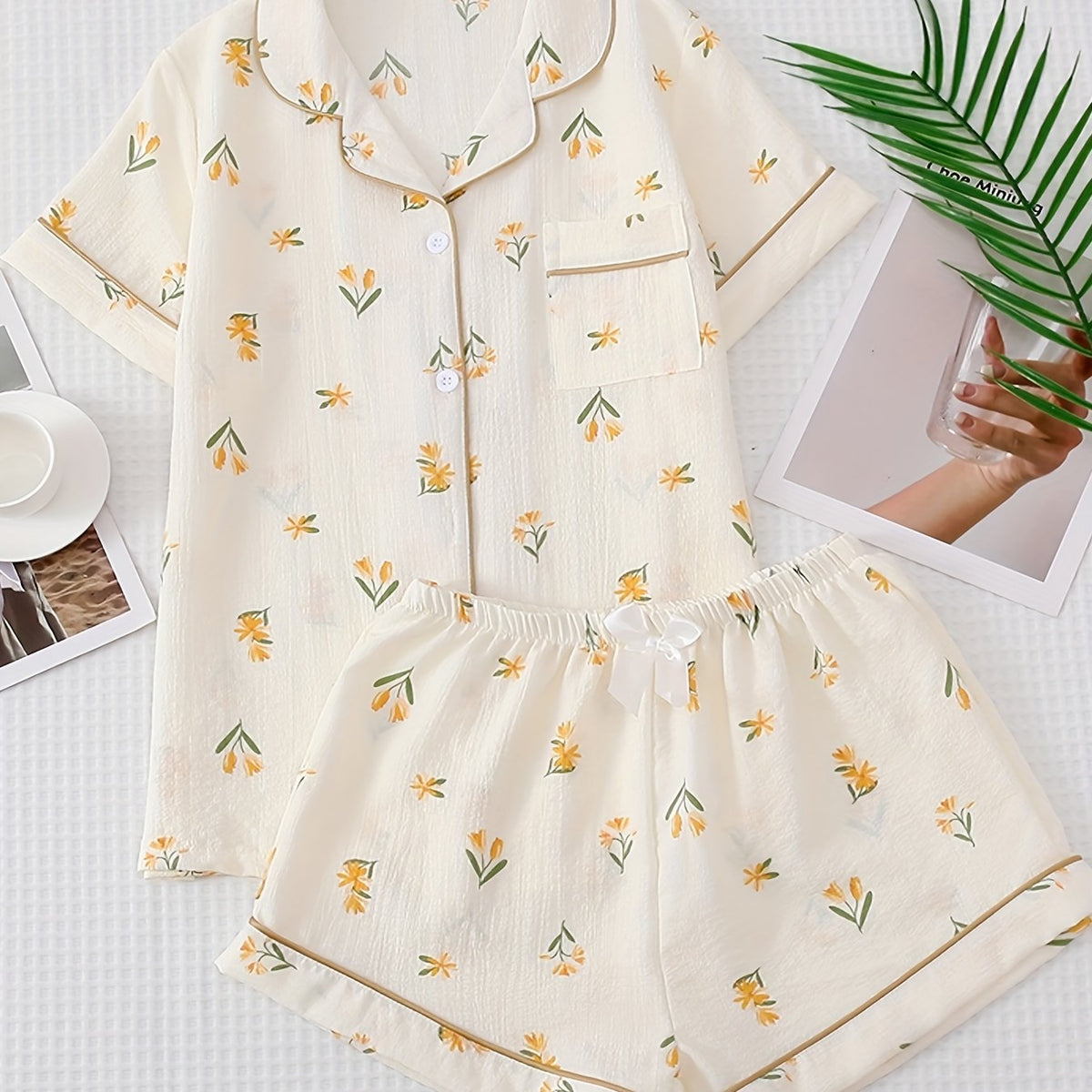 Floral Print Pajama Set Short Sleeve Top & Shorts Women's Sleepwear