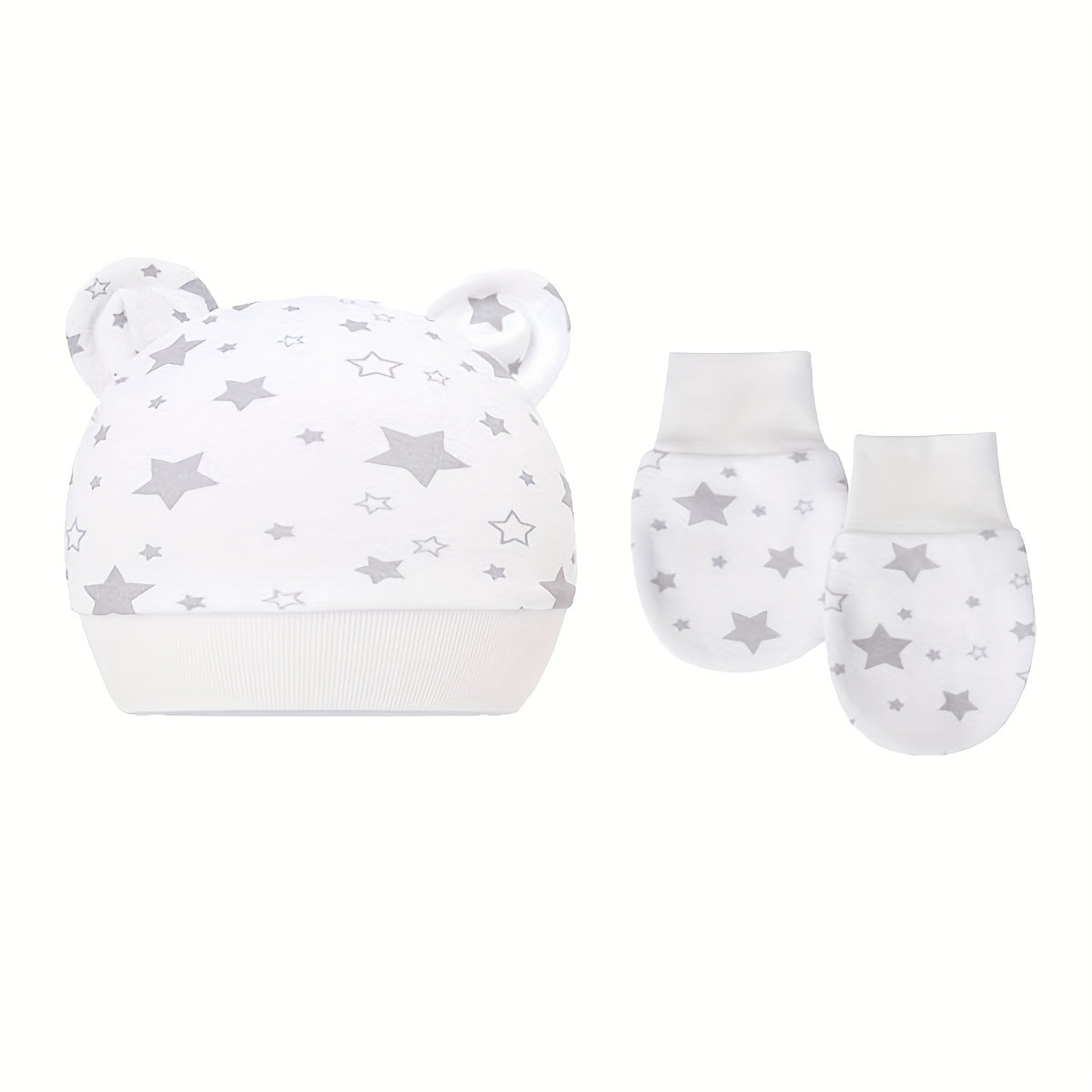 Baby Boys Casual Cartoon Pattern Cap With Bear Ear Decor & Mittens Set
