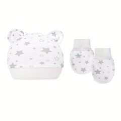 Baby Boys Casual Cartoon Pattern Cap With Bear Ear Decor & Mittens Set