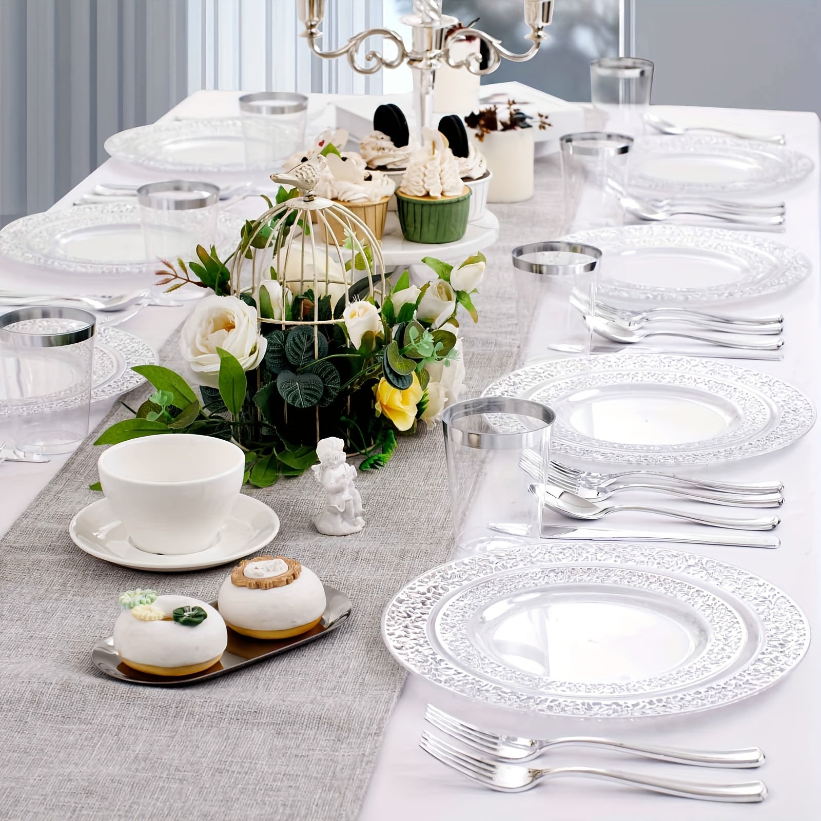 150 PCS Silvery Dinnerware Set - Plates, Silverware, Cups