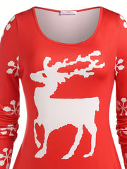  Christmas Casual Dress Women's Plus Deer & Snow Print Long Sleeve Swee