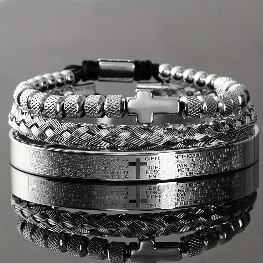 Men's Stainless Steel Cross Decor Open Bangle Bracelet